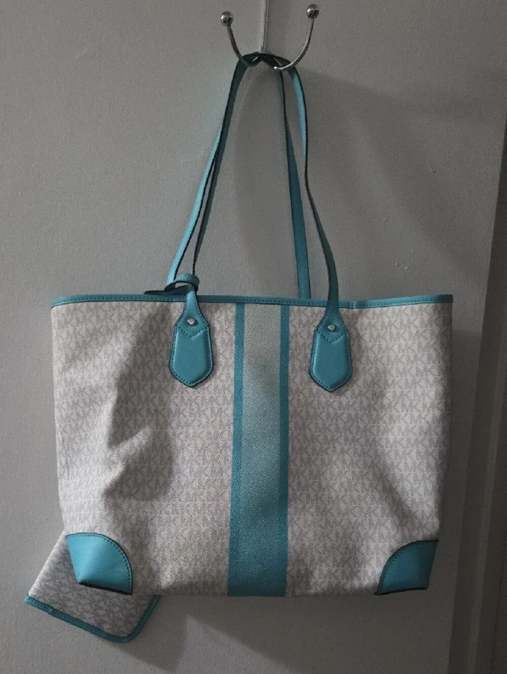Michael Kors White and Turquoise MK Logo Tote with Wristlet